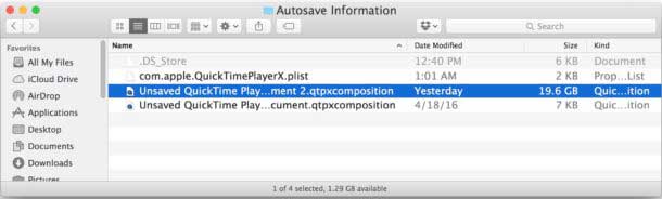 文件QuickTime非salvati在Informazioni sul salvataggio automatico