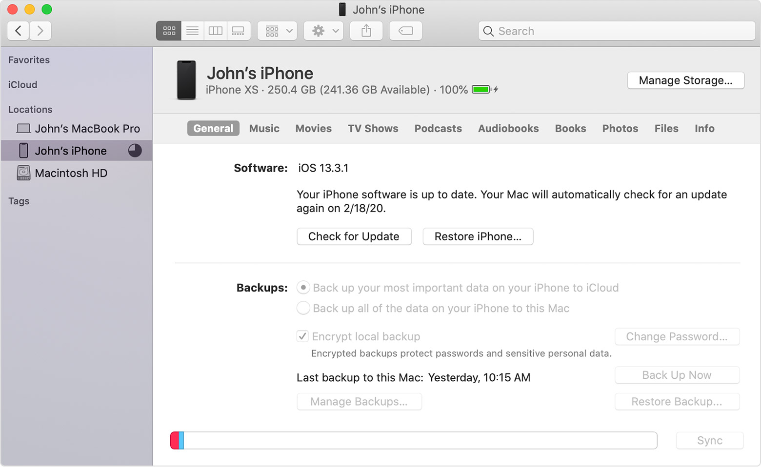 图:Mac上iTunes中的iPhone备份选项