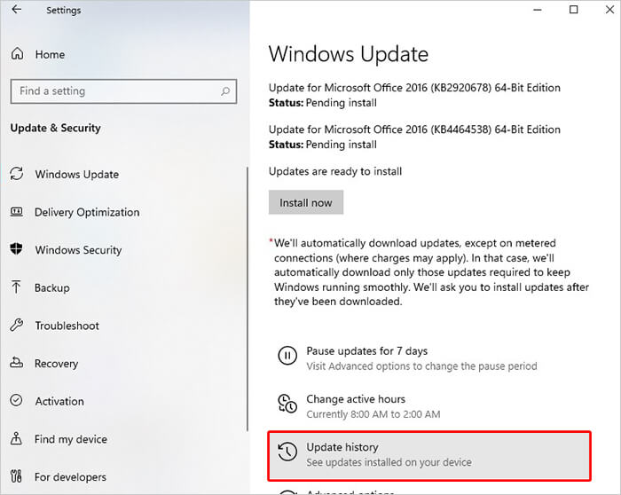 在Windows更新页面中选择更新历史