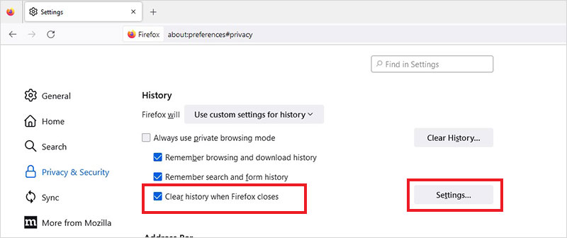 select clear history when firefox closes and click settings