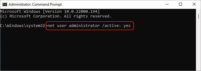 在命令提示符中键入net user administrator active yes command
