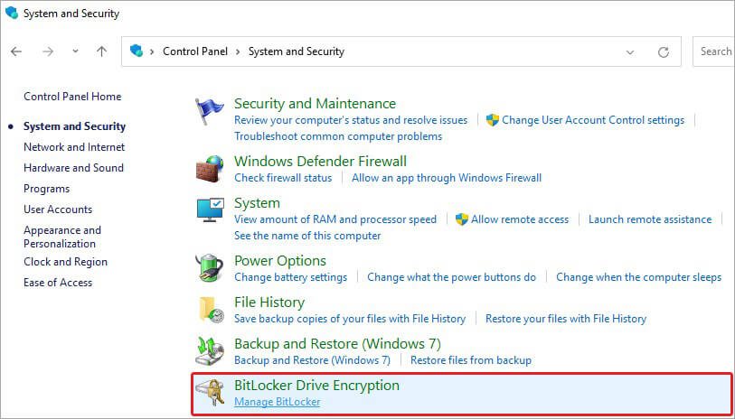 单击bitlocker驱动器加密选项下给出的管理bitlocker