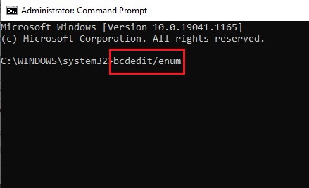 在命令提示符下输入bcdedit enum