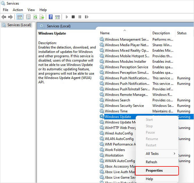 在windows服务中打开windows update属性