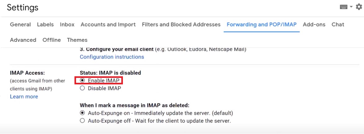 在Gmail帐户中启用IMAP访问