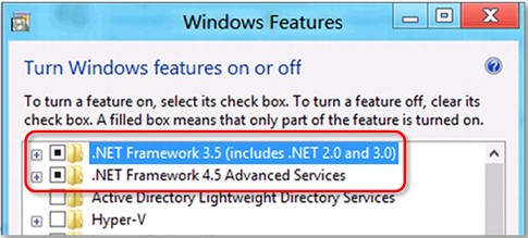 从Windows功能框中选择。net Framework