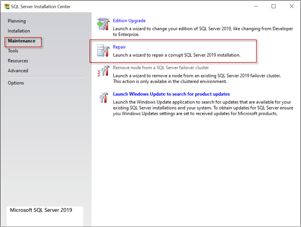 修复SQL安装选项的映像，以修复SQL Server中的错误1067