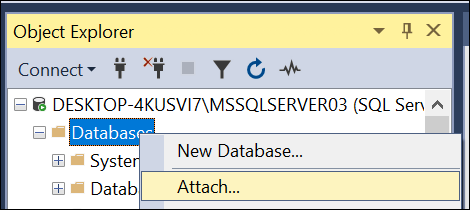 在SQL Server中附加数据库选项以修复错误1067的图像