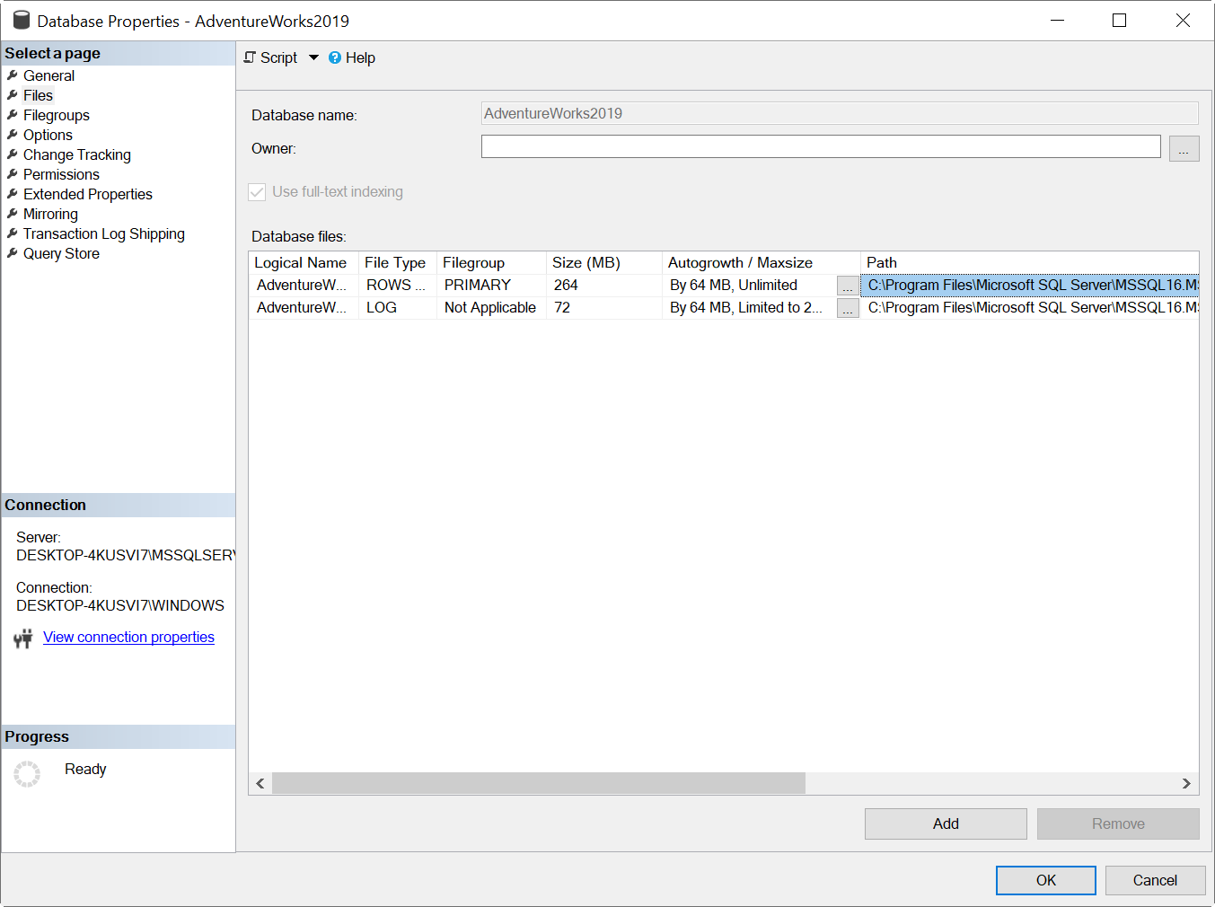 修复SQL Server错误1067的数据库属性路径图像