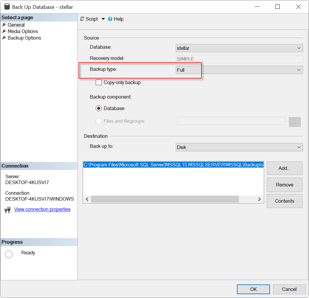 在SQL Server中选择“完全备份”类型