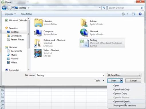 打开并修复Excel 2007文件