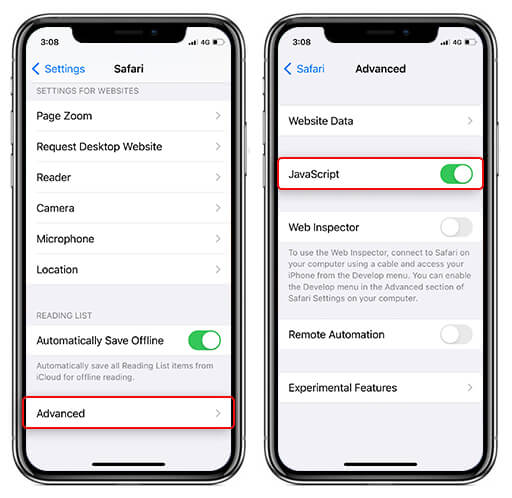 在iPhone的safari上启用javascript