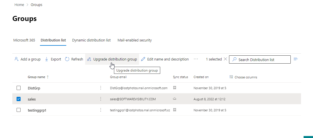 单击升级分发组office 365