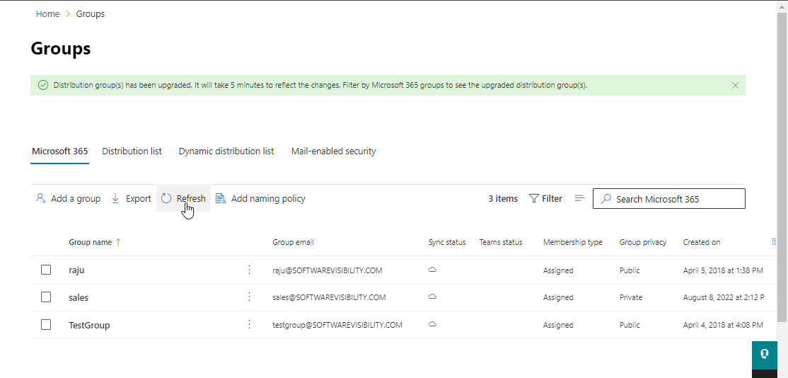 刷新Microsoft 365组列表以查看更改