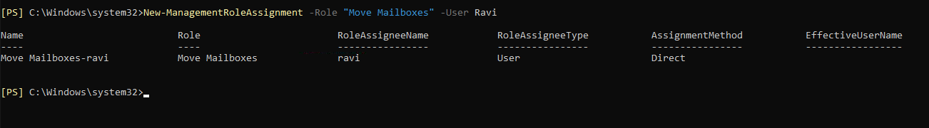 assign move mailboxes role to a user account in Exchange