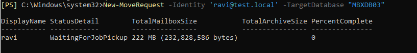 create a mailbox move request using new moverequest cmdlet