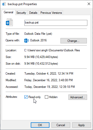 outlook PST文件中的只读属性