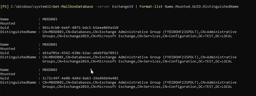 获取邮箱数据库服务器exchange19格式列表名称，已挂载guid，可区分名称
