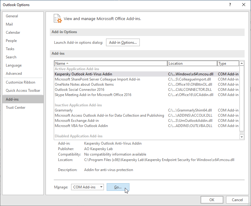 disable add ins in outlook