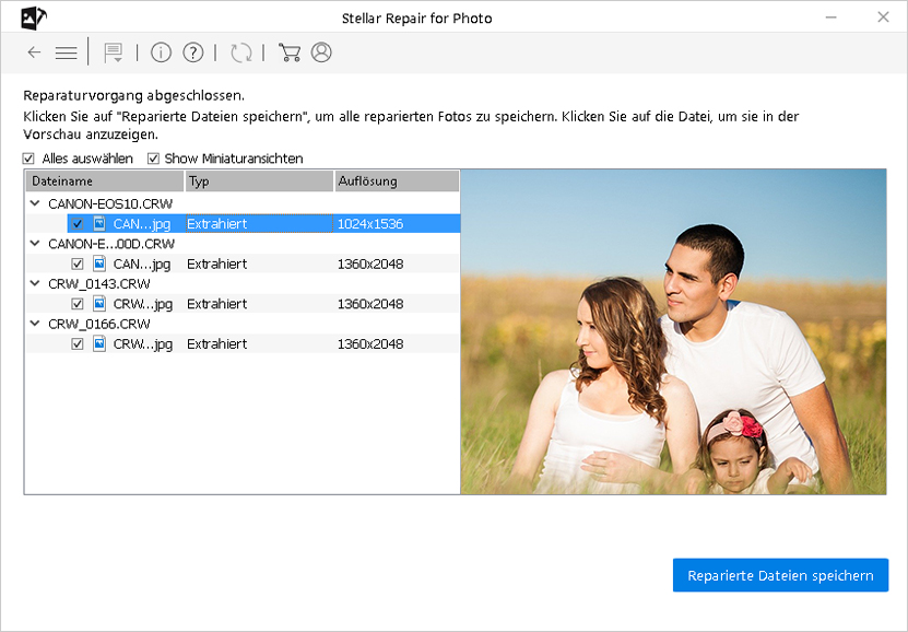 Wählen Sie Reparierte Dateien specchern